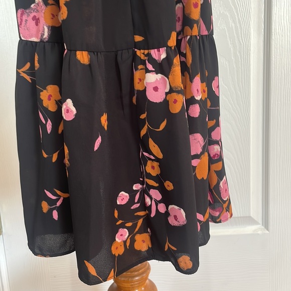 Nanette Lepore dress floral tiered button down Tie waist black pink size 10 - Picture 8 of 15